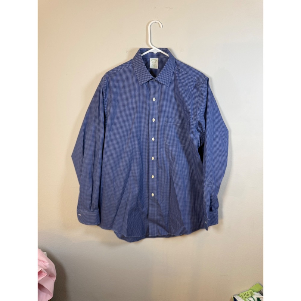 Brooks Brothers Milano Fit Blue Gingham Check Dress Shirt Mens 16 34‎
